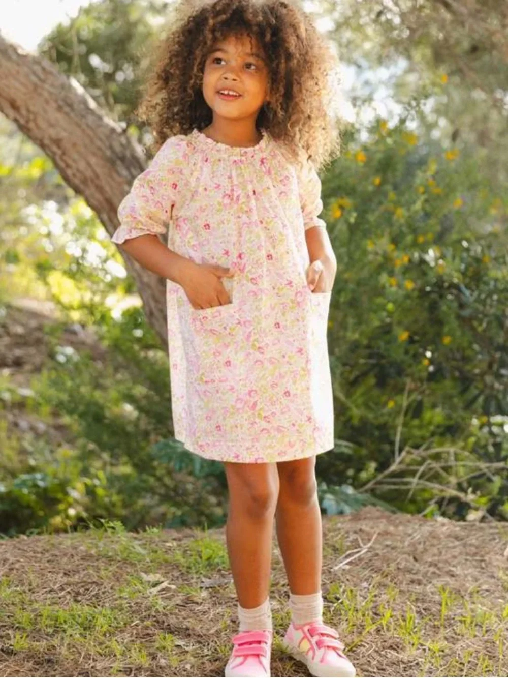 BONTON Girls Floral Pocket Dress in Pastel Pink